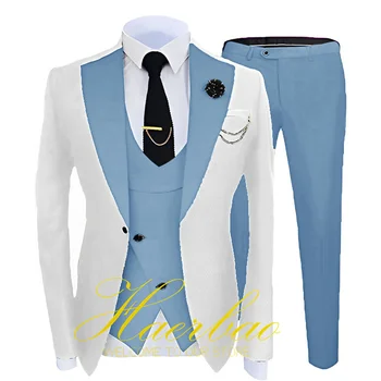 Небесно-голубой костюм Мужской Свадебный смокинг Комплект из 3 предметов, куртка для жениха, жилет, брюки, официальная одежда для вечеринок