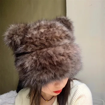 Новая зимняя женская меховая шапка с медведем, Роскошная норковая утолщенная теплая шапка, высококачественная Пушистая вязаная Большая меховая шапка-стрейч