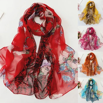 Новый женский Элегантный шарф из Жоржета, Солнцезащитная шаль и шарфы с рисунком Цветка лотоса, Шифоновые Летние Пляжные шарфы, тонкий Хиджаб