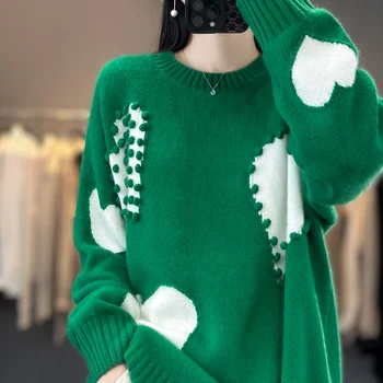 Осенне-зимний Женский пуловер, повседневный трикотаж, толстый свитер из 100% шерсти, круглый вырез, Женская одежда, Свободные топы, блузка с вышивкой