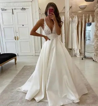 Сексуальное атласное свадебное платье с V-образным вырезом, без рукавов, с открытой спиной, свадебные платья на кружевных бретельках, очаровательное свадебное платье 2022 года, белое