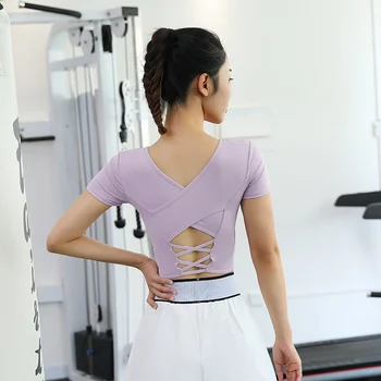 Сексуальный спортивный женский пупок с перекрестной спинкой и короткими рукавами, открытый короткий быстросохнущий топ с бюстгальтером, одежда для фитнеса, одежда для йоги, футболка