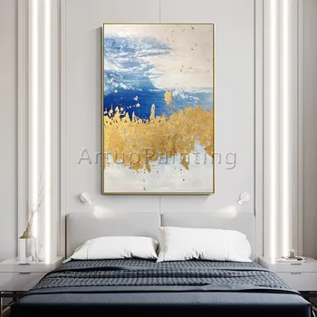Современная Абстрактная картина маслом ручной работы на холсте, синяя, желтая, серая настенная художественная картина для украшения дома в гостиной