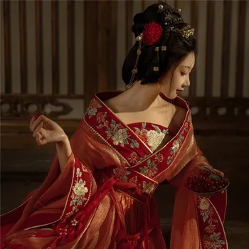 Стиль династии Даджи Вэйцзинь, традиционный женский костюм Ханфу с вышивкой в виде цветка с большим рукавом, золотой костюм, улучшенная юбка на груди и талии