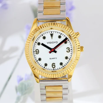 Французские говорящие часы с функцией будильника, говорящей датой и временем, белый циферблат, складная застежка, бирка в золотом корпусе-101