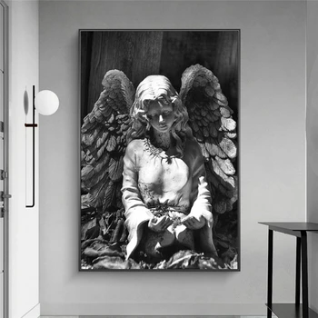 Черно-белая Статуя Ангела, Настенные художественные плакаты и принты, скульптура 