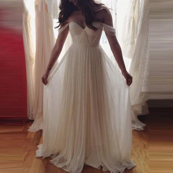Шифоновое свадебное платье Трапециевидной формы с открытыми плечами, Пляжные свадебные платья длиной до пола без рукавов