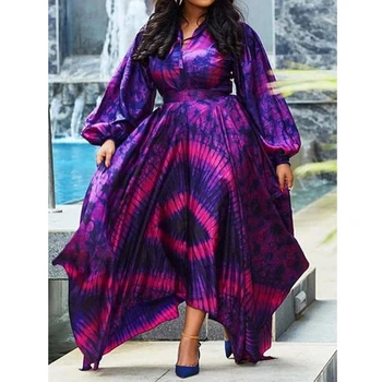 Элегантное Женское весеннее платье Размера Плюс 5 XL Фиолетового Цвета с цветочным принтом, Женские вечерние платья Макси С Длинным рукавом